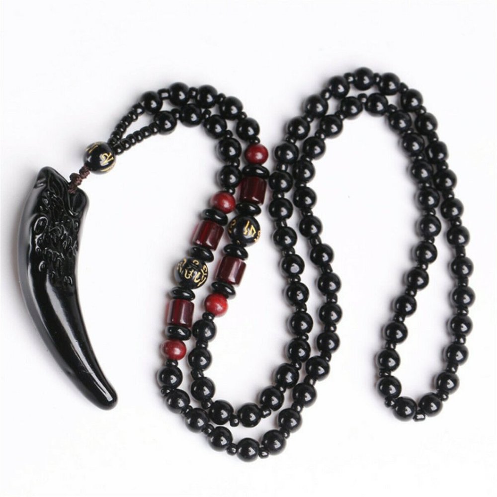 Natural Stone Black Obsidian Pendant Necklace Wolf